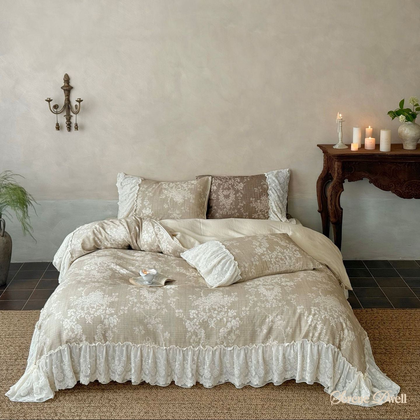 Lena Ruffle Lace Embroidered Bedding Set