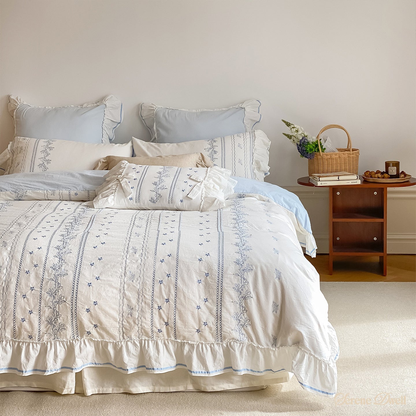 Embroidered French Lace Ruffle Bedding Set