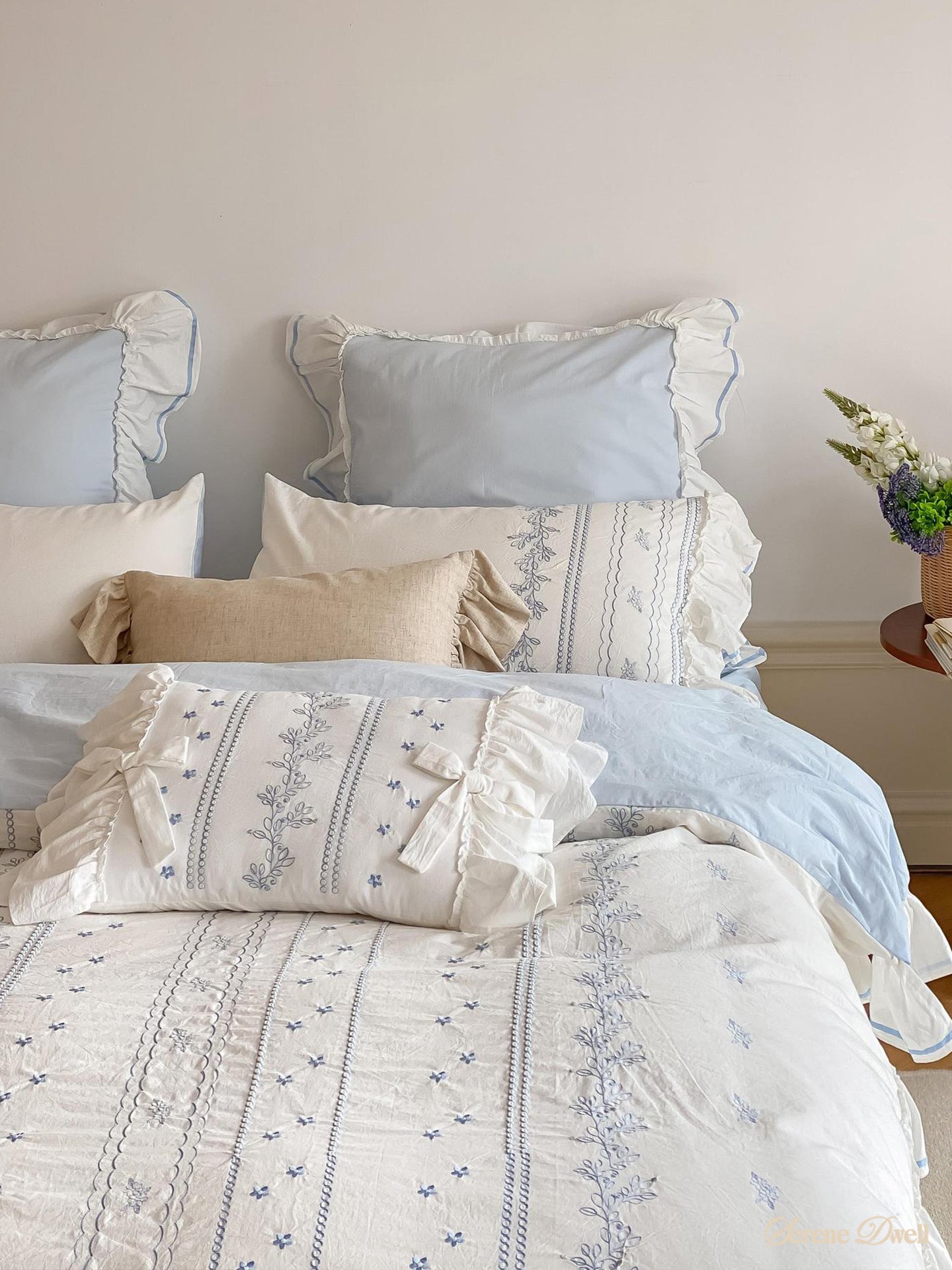 Embroidered French Lace Ruffle Bedding Set