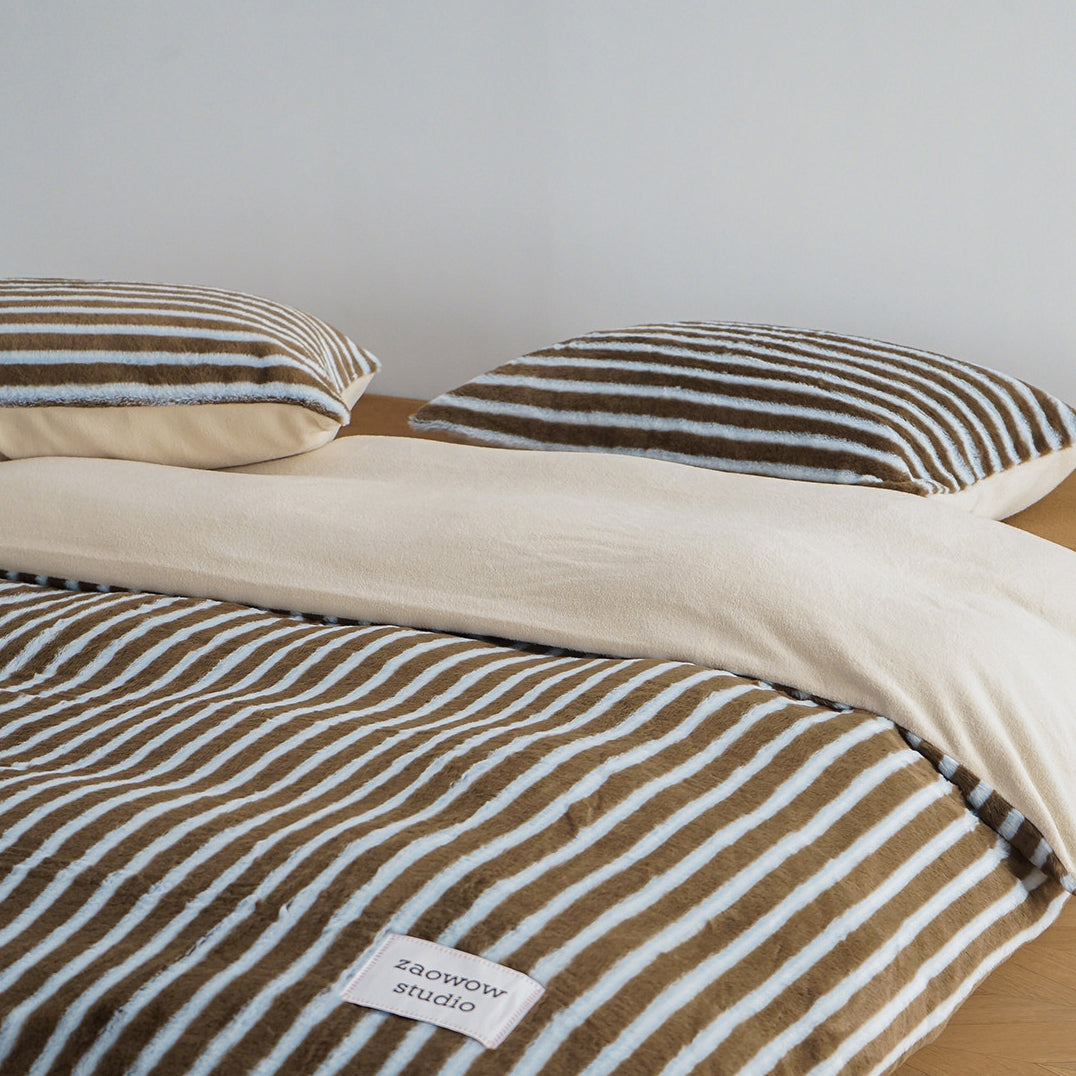 Faux Rabbit Fur Striped Bedding Set