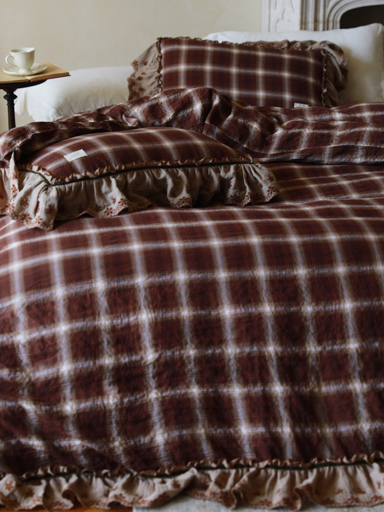 Claire Lace Ruffle Double Gauze Plaid Bedding Set