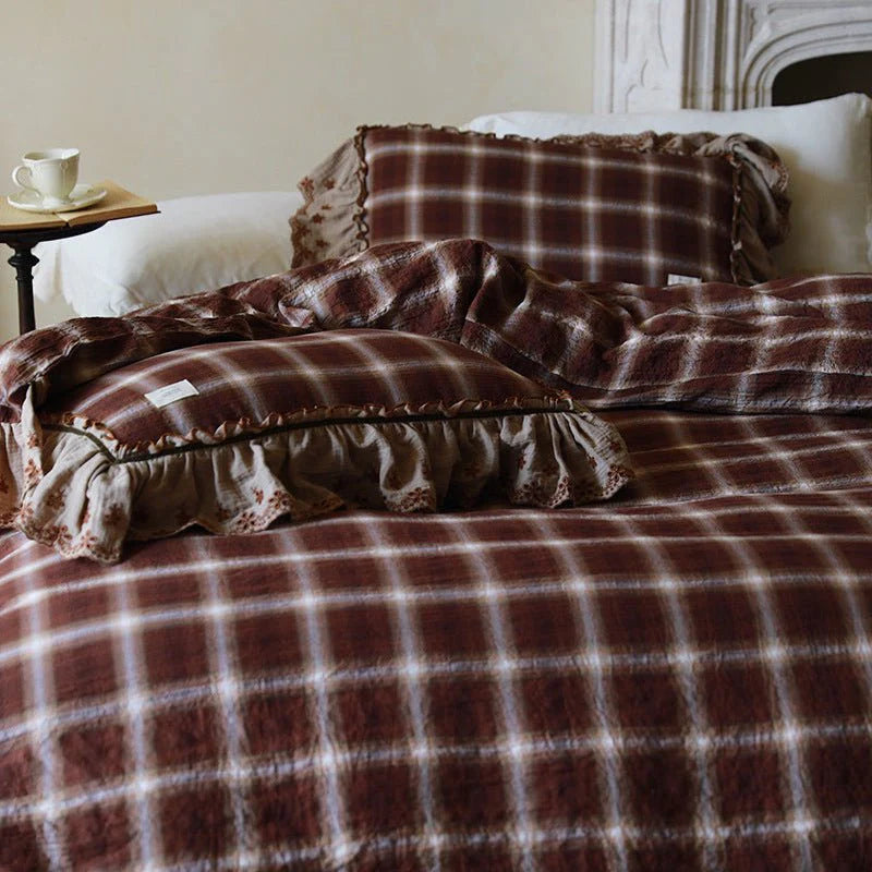 Claire Lace Ruffle Double Gauze Plaid Bedding Set