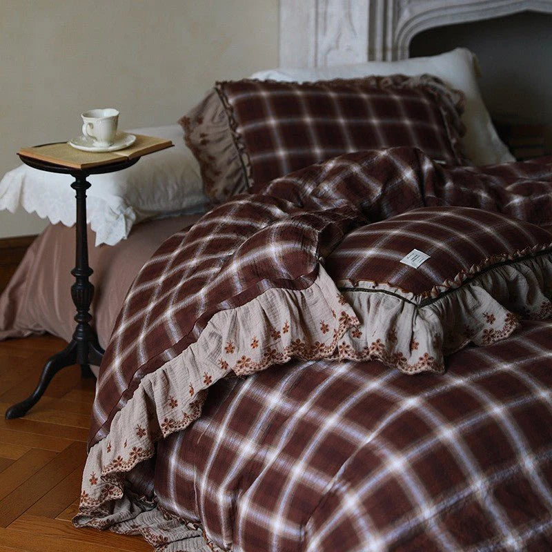 Claire Lace Ruffle Double Gauze Plaid Bedding Set