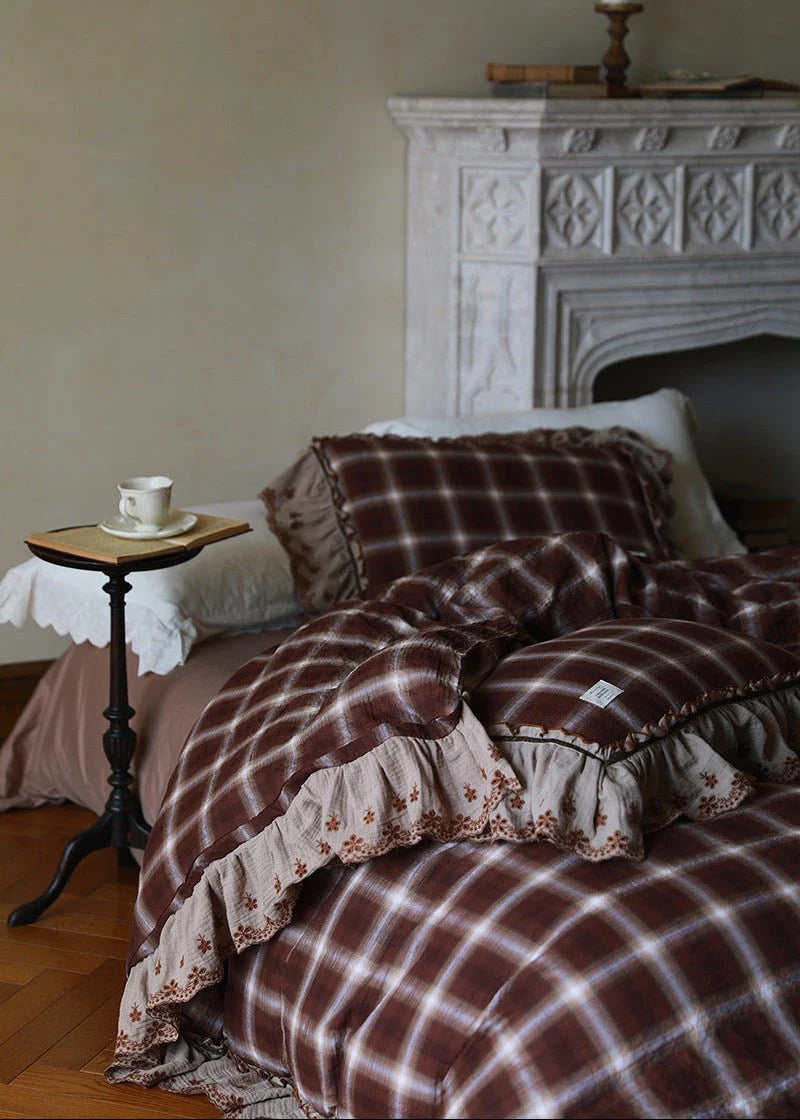 Claire Lace Ruffle Double Gauze Plaid Bedding Set