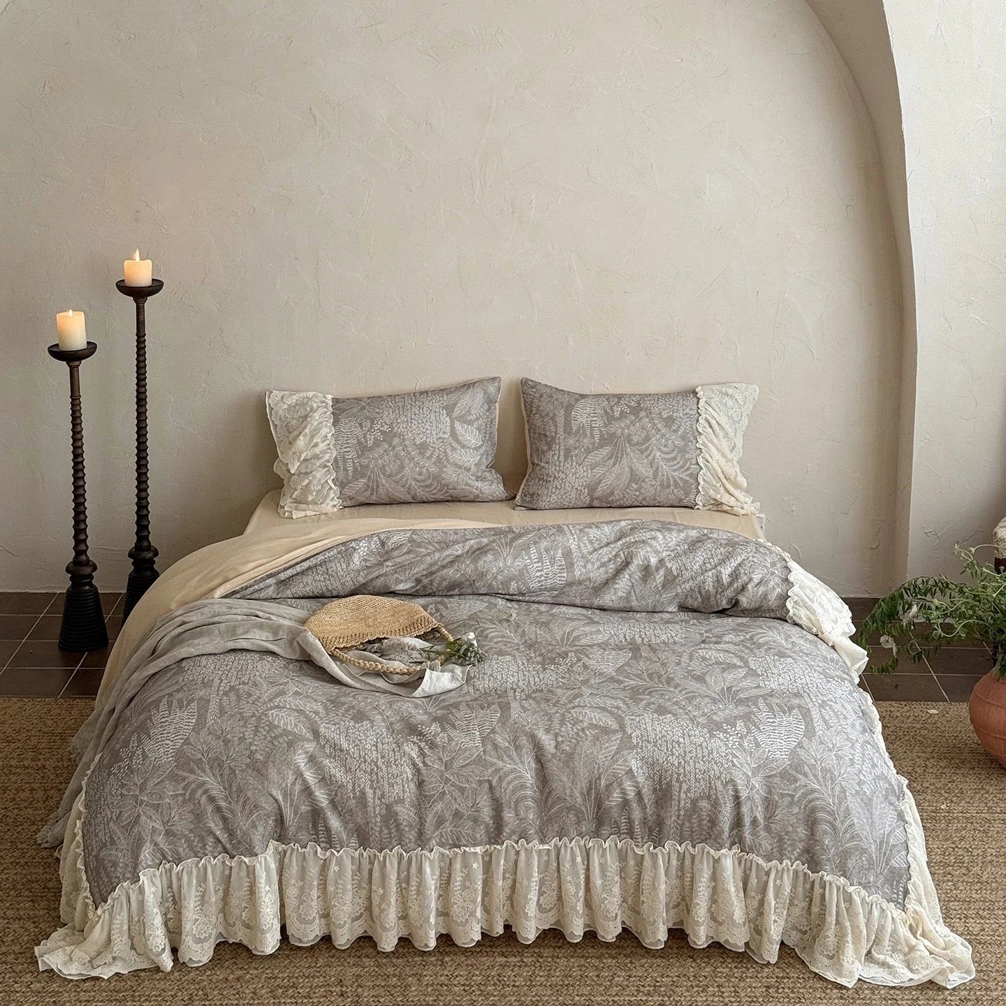 Lena Ruffle Lace Embroidered Bedding Set
