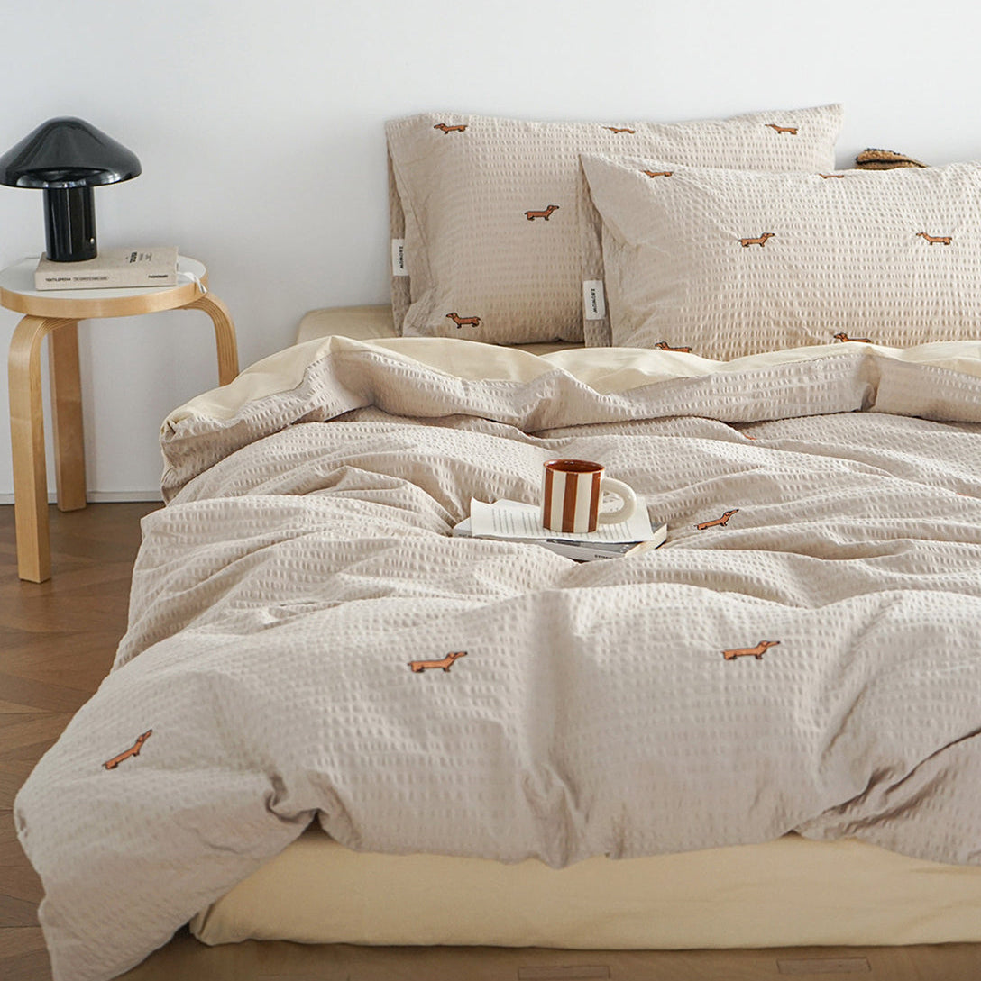 Embroidered Dachshund Seersucker Bedding Set