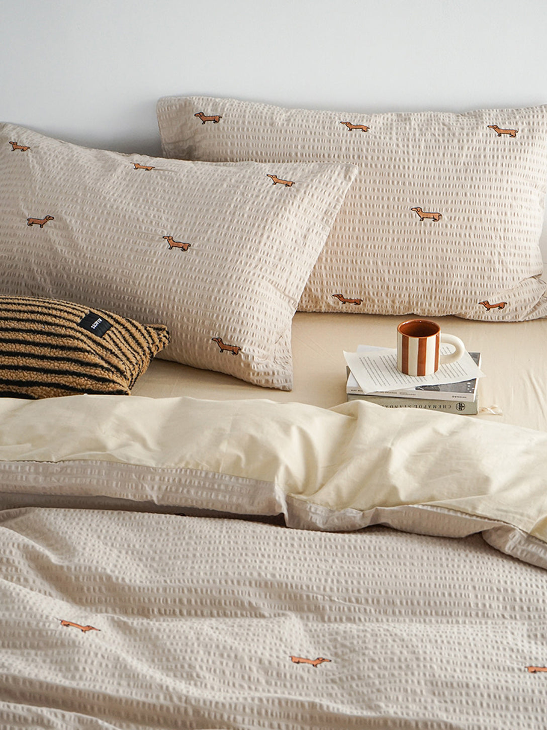Embroidered Dachshund Seersucker Bedding Set
