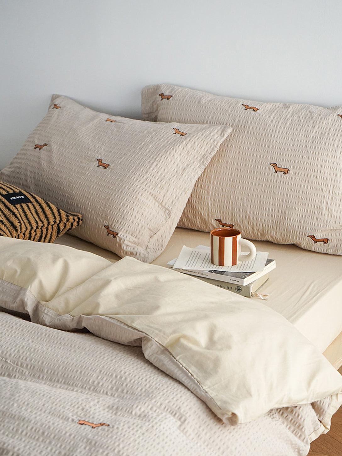 Embroidered Dachshund Seersucker Bedding Set