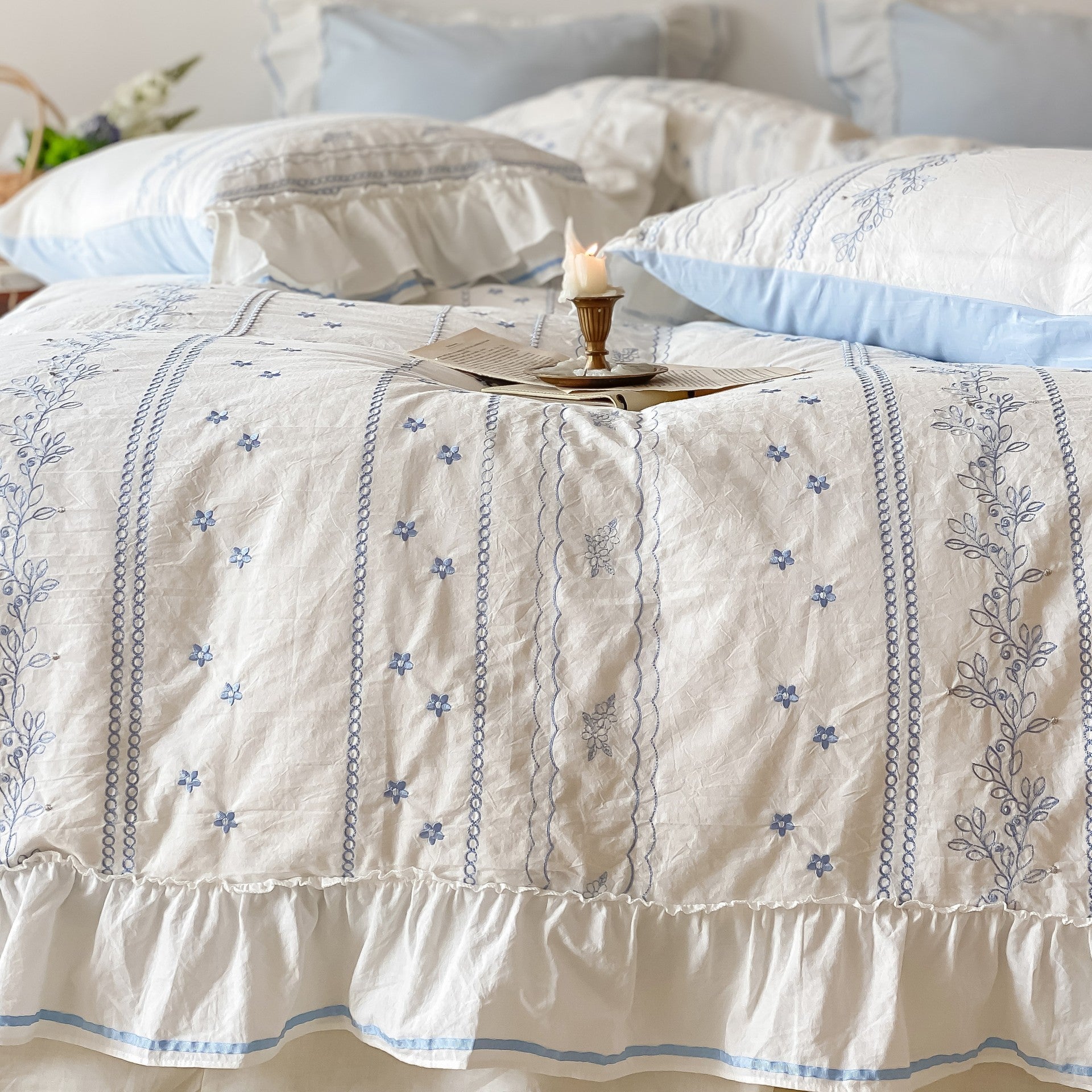 Embroidered French Lace Ruffle Bedding Set
