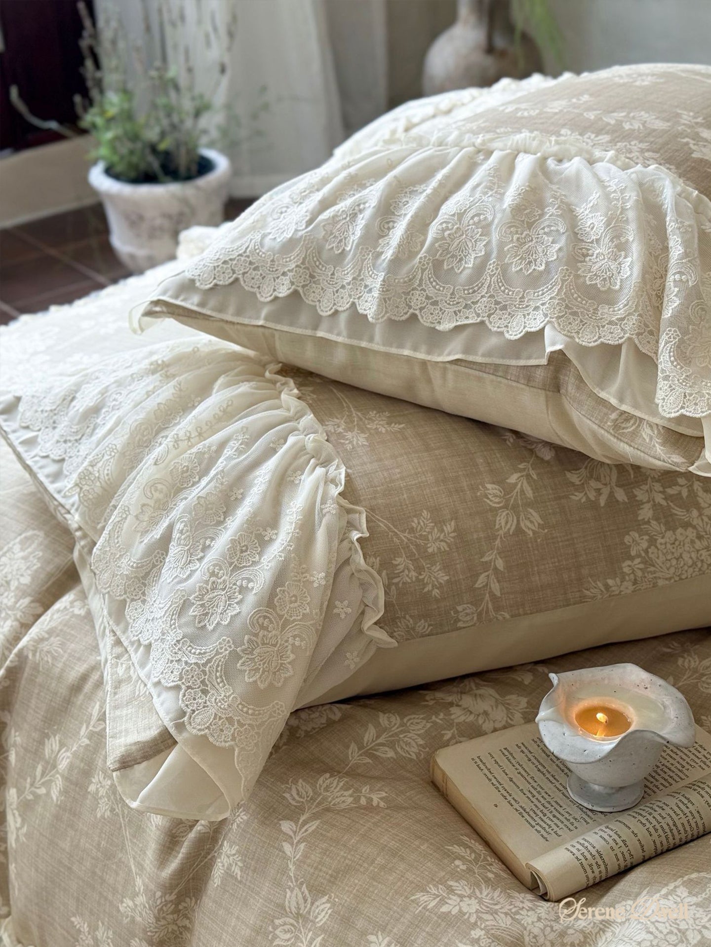 Lena Ruffle Lace Embroidered Bedding Set