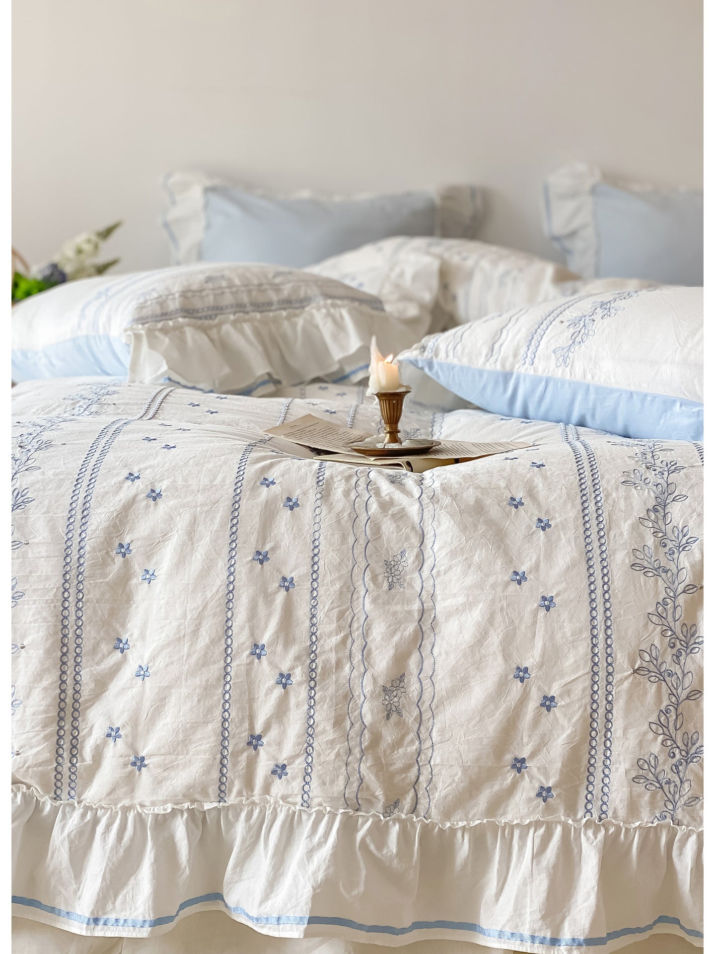 Embroidered French Lace Ruffle Bedding Set