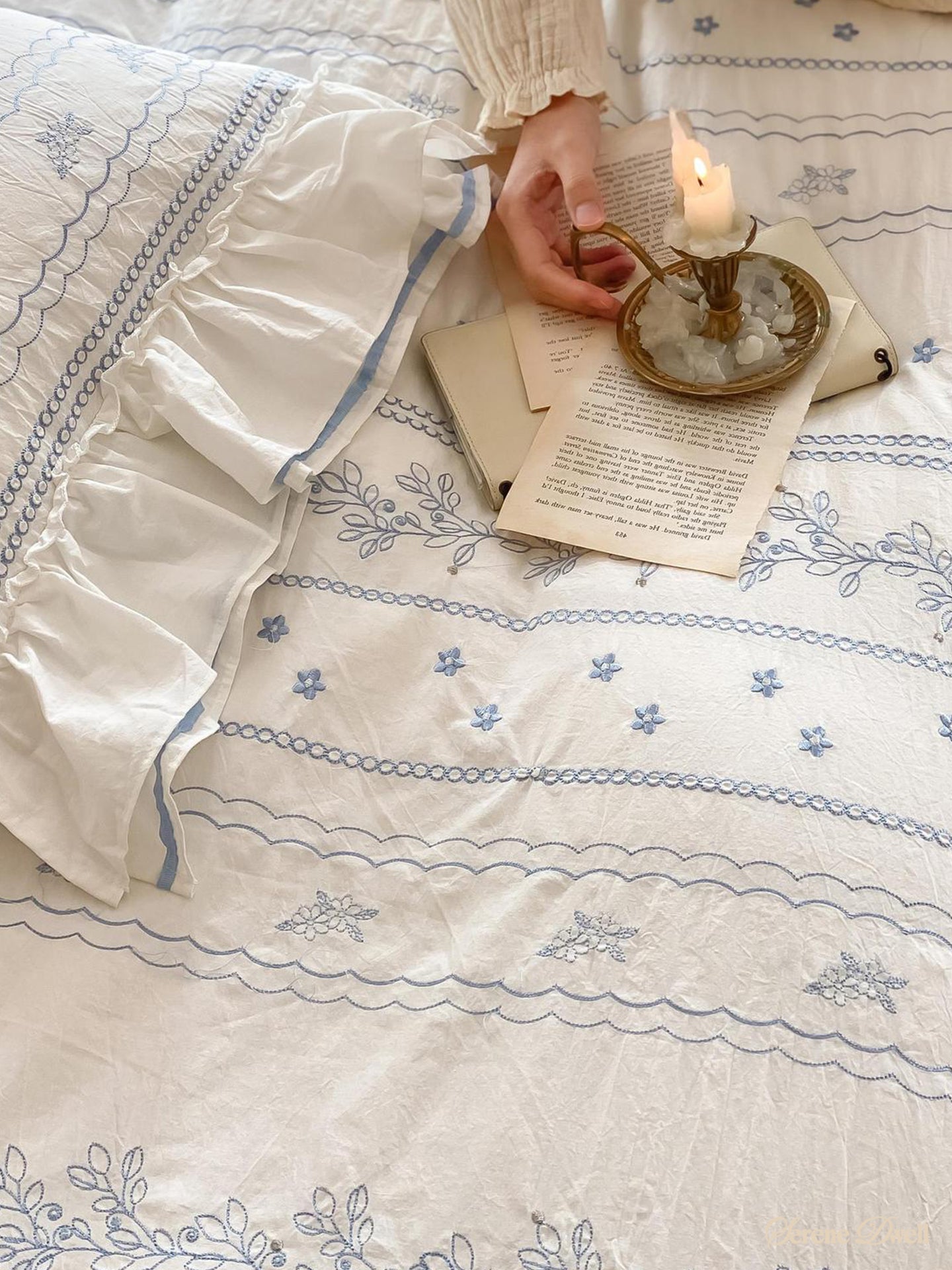 Embroidered French Lace Ruffle Bedding Set