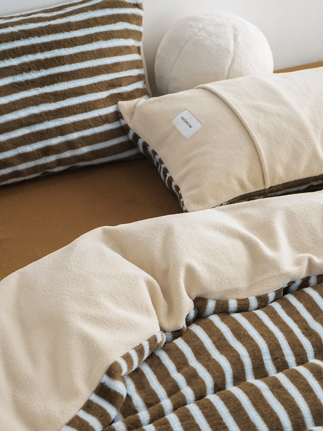 Faux Rabbit Fur Striped Bedding Set