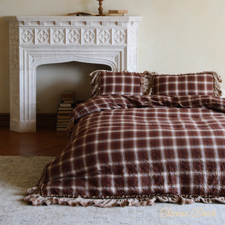 Claire Lace Ruffle Double Gauze Plaid Bedding Set