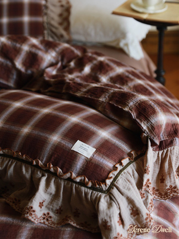 Claire Lace Ruffle Double Gauze Plaid Bedding Set