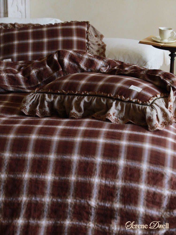 Claire Lace Ruffle Double Gauze Plaid Bedding Set