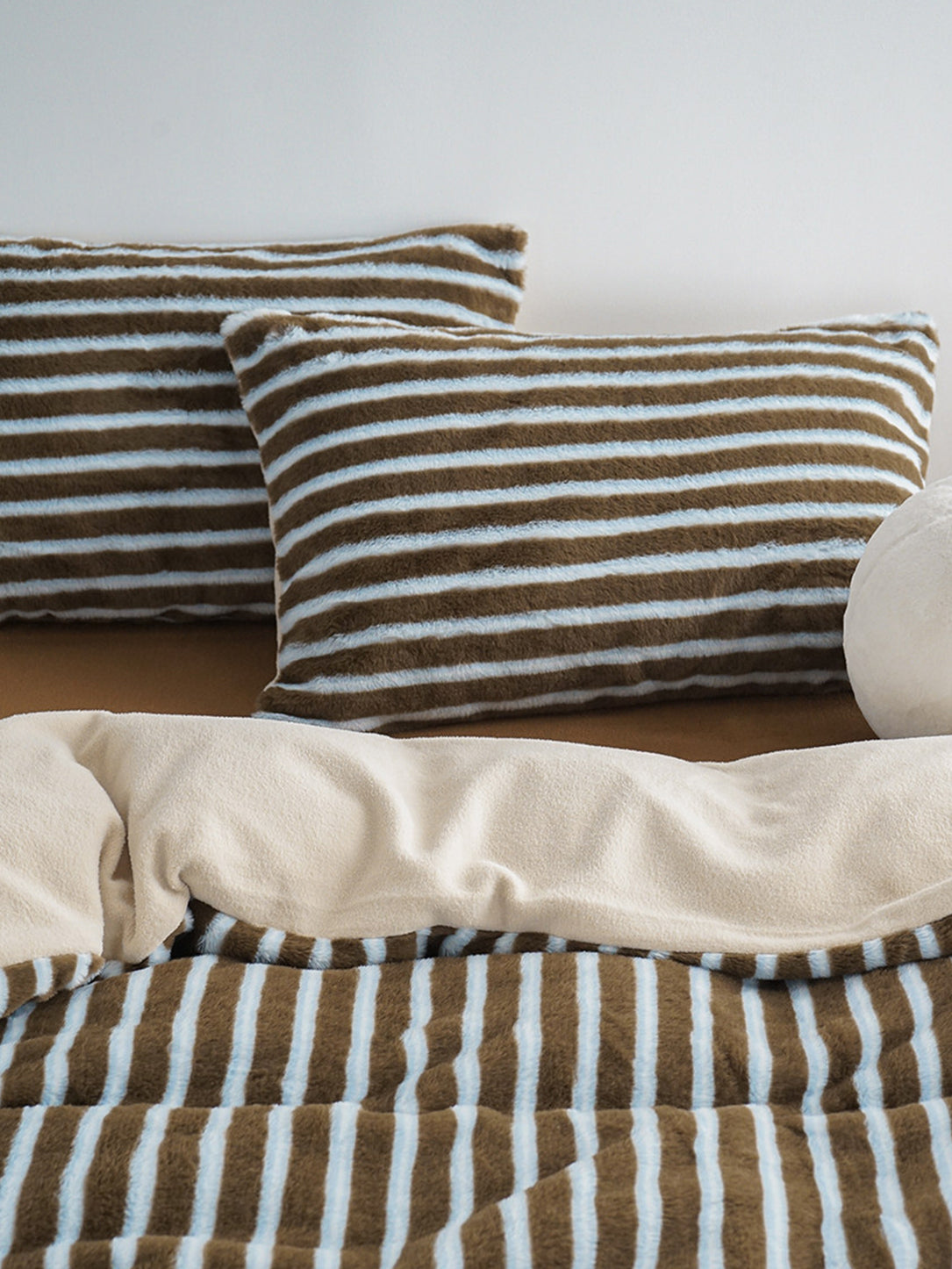 Faux Rabbit Fur Striped Bedding Set