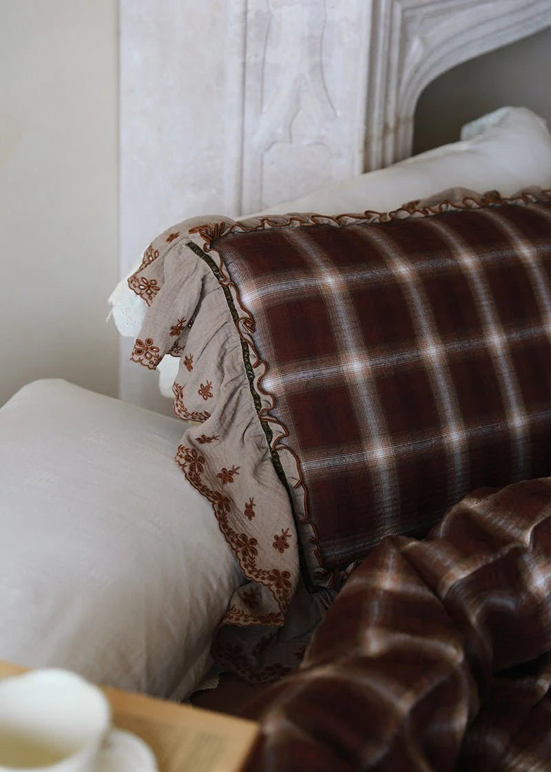 Claire Lace Ruffle Double Gauze Plaid Bedding Set