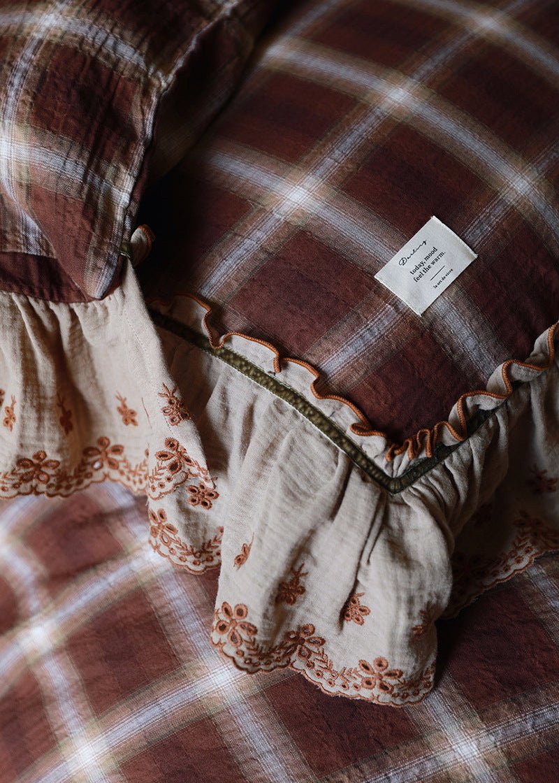 Claire Lace Ruffle Double Gauze Plaid Bedding Set