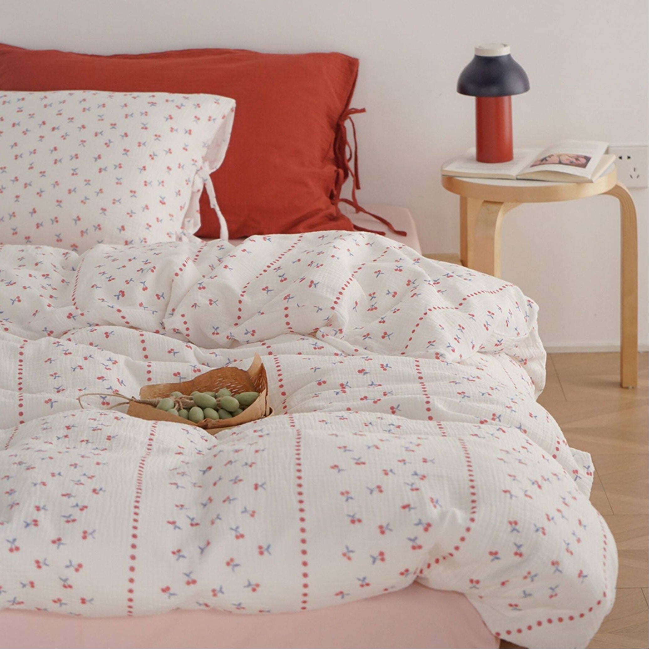 Cherry Print Double Gauze Bedding Set