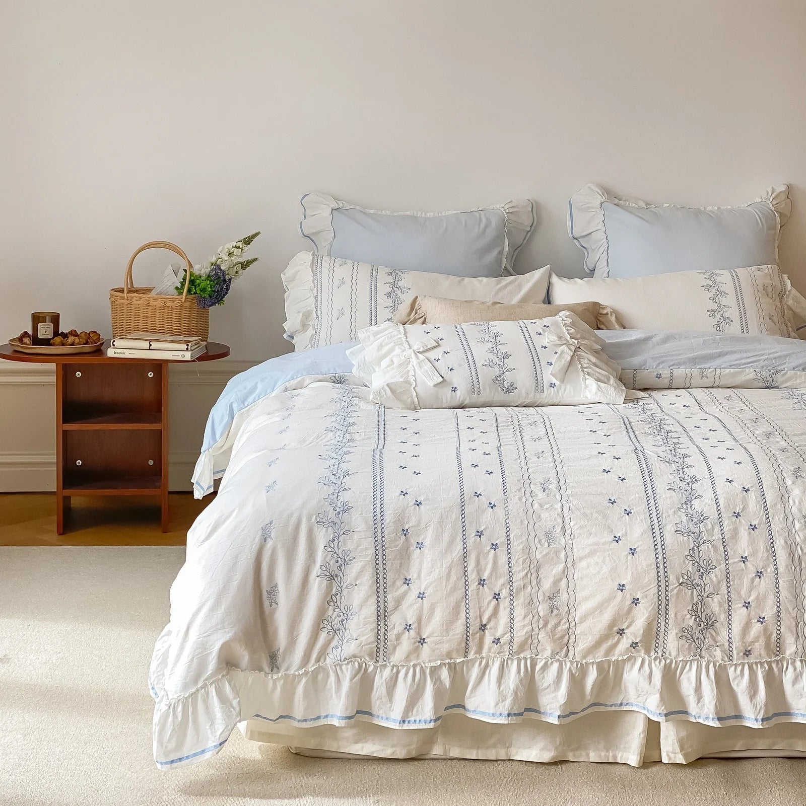 Embroidered French Lace Ruffle Bedding Set